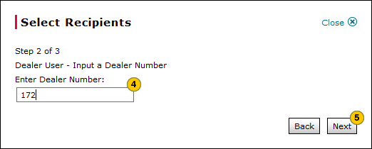 Select dealer by number, step 2 of 3.